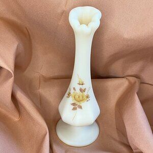 Vintage Fenton Custard Glass Bud Vase with Chocolate Roses on Cameo Hand Painted